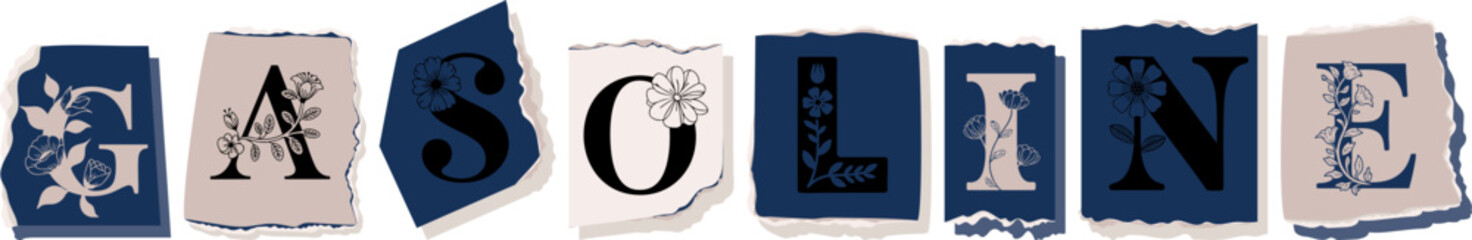 GASOLINE Floral Typography of a Concept Word � Elegant Torn Paper Letter Design