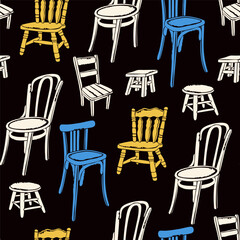 Various Chairs, furniture set. Traditional, elegant dining setting, tall short chair, stool, wood decor. Different positions. Hand drawn Vector illustration. Wooden aesthetic. Square seamless Pattern