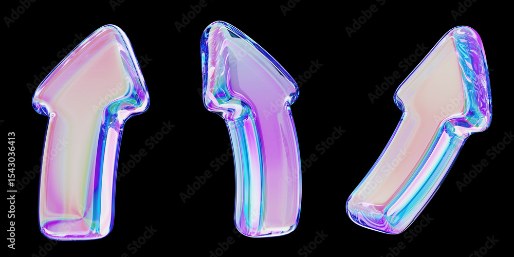 Poster liquid glass holographic y2k curve arrow icon with bright neon gradient isolated on black background