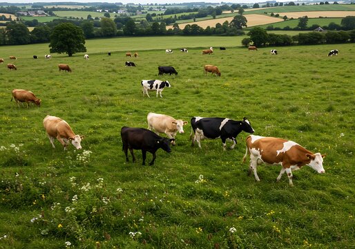 Cows grazing in green pasture aerial view