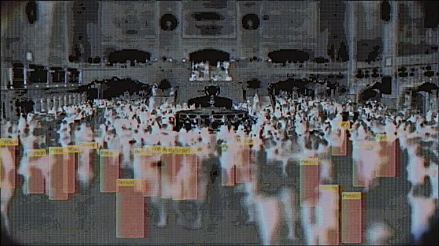 4K Thermal surveillance of dense crowd in public terminal with AI recognition boxes, inverted color scheme and glitchy HUD overlay for motion graphics, screen mode, public monitoring cyber tracking