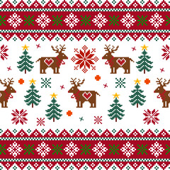Colorful Christmas Pixel Pattern with Reindeer and Trees