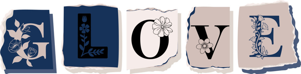 GLOVE Floral Typography of a Concept Word � Elegant Torn Paper Letter Design