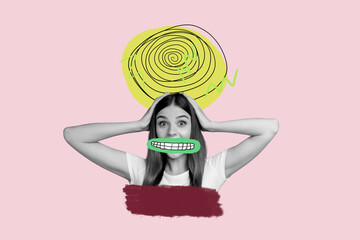 Full 3d art collage of happy girl guy speak spiral hoax brainwash puppet social media fake news propaganda disinformation