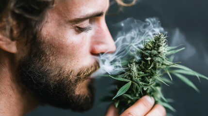 portrait of a man smoking and exhaling smoke on a marijuana bush