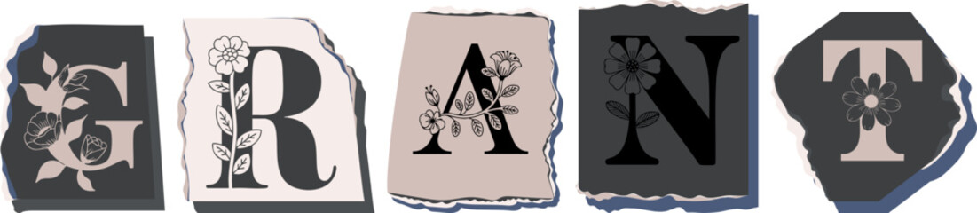 GRANT Floral Typography of a Concept Word � Elegant Torn Paper Letter Design