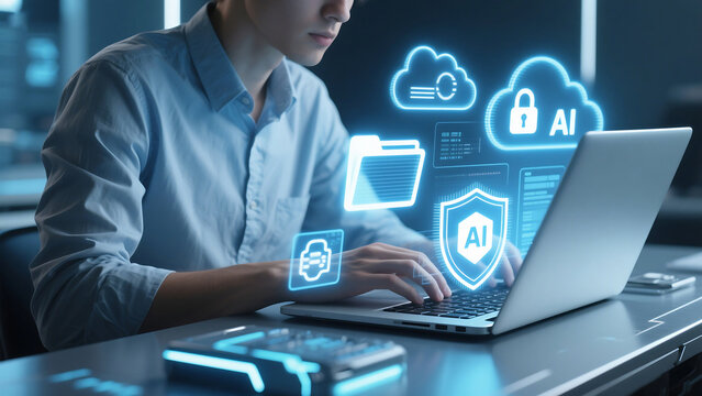 Man typing on laptop with ai cloud security folder and printer icons overlayed on the screen display