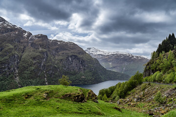 Idyllic Mountainous Fjord Landscape with Lush Forest and Snow-Capped Peaks, Geiranger Fjord, Norway