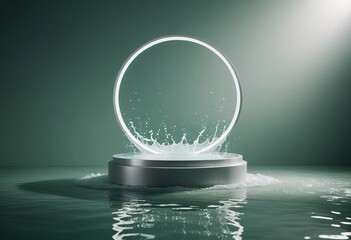 Modern podium with water splash effect and illuminated circular frame  