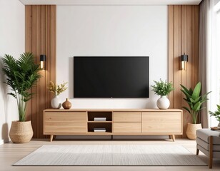 Modern living room featuring a wall-mounted TV, wooden media console, decorative plants, and warm lighting, creating a cozy and stylish atmosphere.
