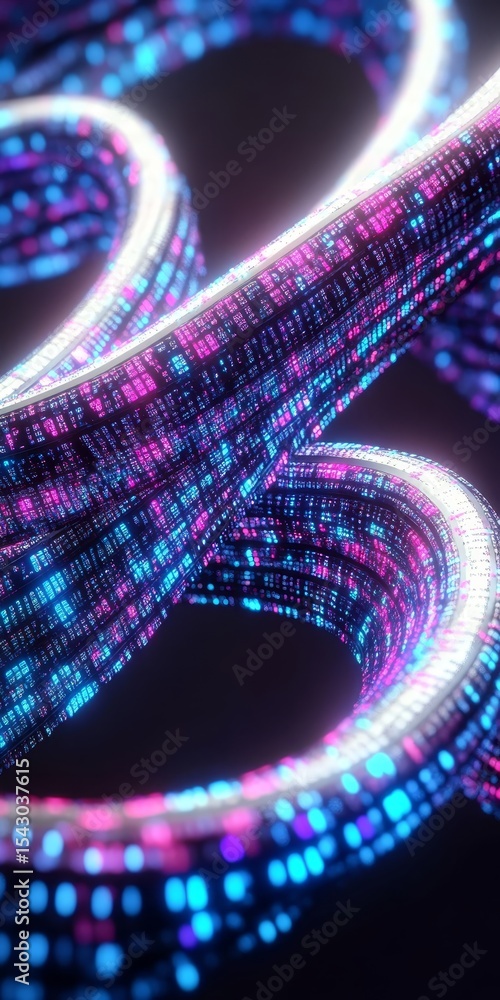 Poster abstract digital network with intertwined cables of glowing data flows in a futuristic setting