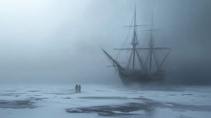 Fototapeta premium Ghostly ship in a snowy fog