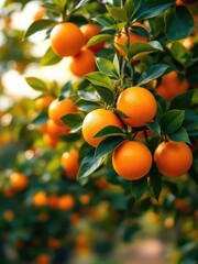 Close up of an orange tree with many ripe oranges hanging from the branches in the sunlight outdoor