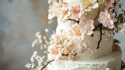 Stunning wedding cake decorated with edible flowers and fine icing.