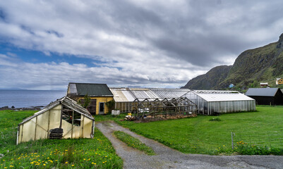 Rustic Greenhouse and Farmhouse Scene by the Coast Under Cloudy Skies, Runde, Norway