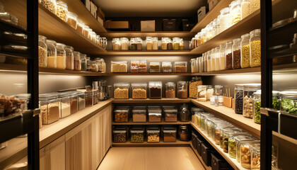 A Well-Organized Pantry Filled with Glass Jars of Various Ingredients, Showcasing Neatly Arranged Essential Food Staples for Culinary Enthusiasts