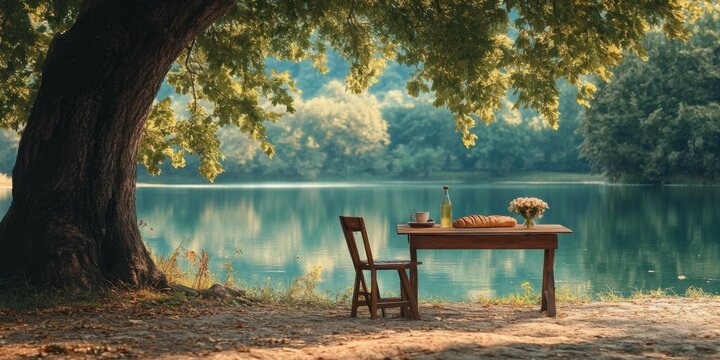 table and chairs in a restaurant near a lake in the mountains breakfast in nature