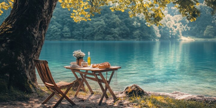 table and chairs in a restaurant near a lake in the mountains breakfast in nature