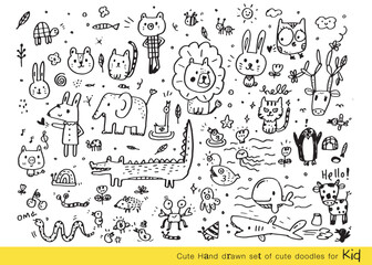 Collection of hand drawn cute doodles,Doodle children drawing,Sketch set of drawings in child style,Funny Doodle Hand Drawn,Page for coloring, cute animal hand drawn, cute Doodle