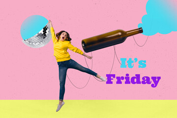 Full pop image art collage of happy girl guy dance friday celebration event music party relax...