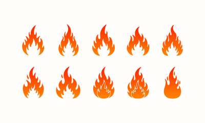 Collection of Ten Diverse Fire Flame Icons and Symbols. A set of ten unique orange and red fire flame icons.