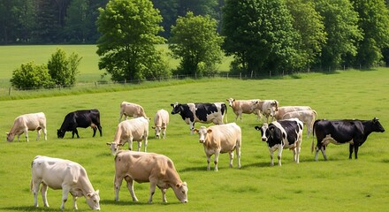 Fototapeta premium Cows grazing in green pasture