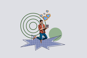 Composite zine pop trend collage of happy girl guy hold laptop jump target receive like reaction...