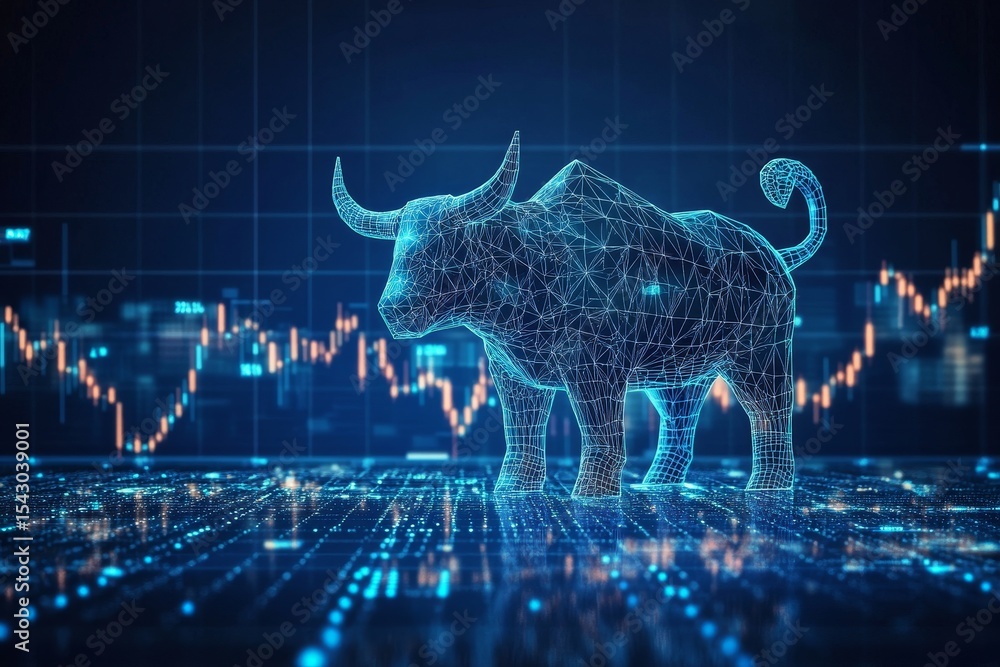 Aufkleber digital financial chart with glowing 3d bull and stock symbols on abstract circuit background