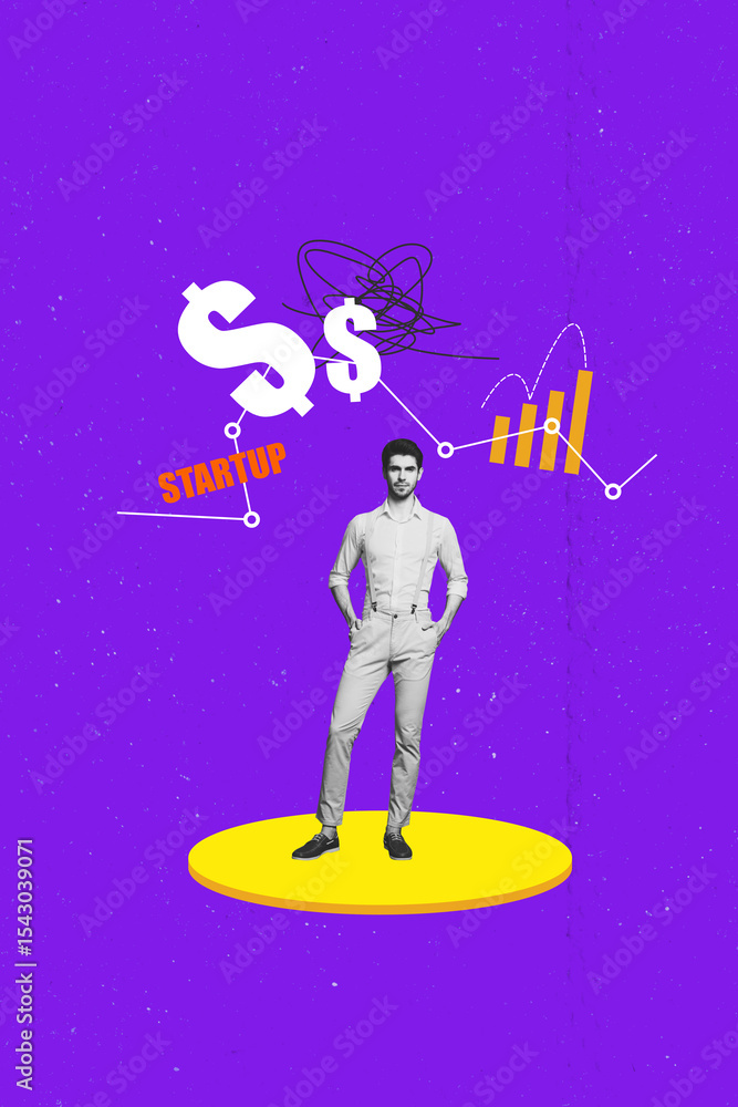 Aufkleber 3d collage trend artwork composite sketch poster of young man stand money capital launch startup pro