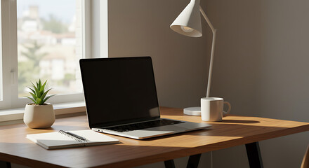 Laptop Workspace near Window with Desk Lamp and Plant
