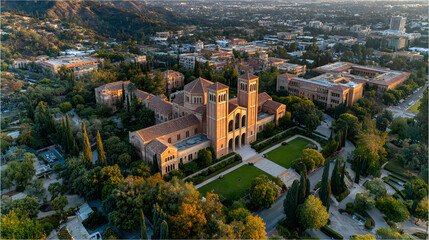 Aerial view of UCLA Royce Hall showcasing Romanesque architecture and manicured lawns, highlighting academic prestige in Westwood urban landscape