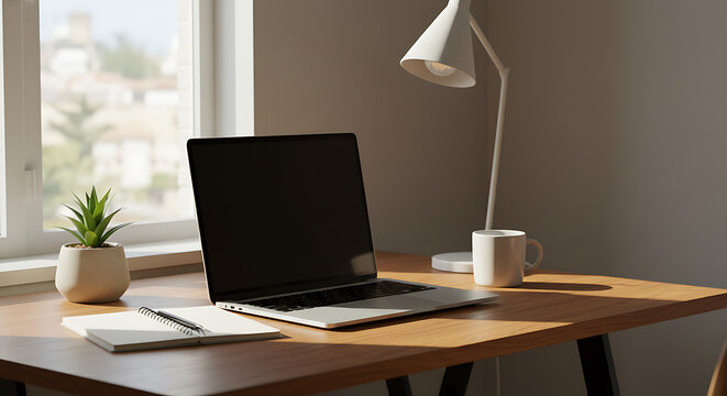 Laptop Workspace near Window with Desk Lamp and Plant