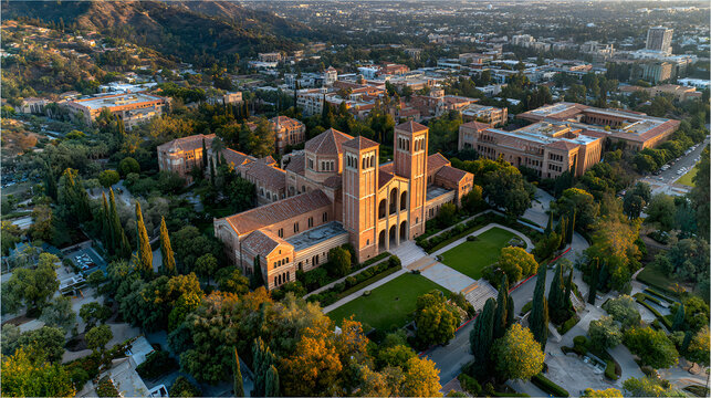Aerial view of UCLA Royce Hall showcasing Romanesque architecture and manicured lawns, highlighting academic prestige in Westwood urban landscape