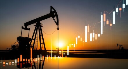 Silhouette of oil pumpjack on a shore against sunrise and digital stock market chart. Investment graph for energy industry.