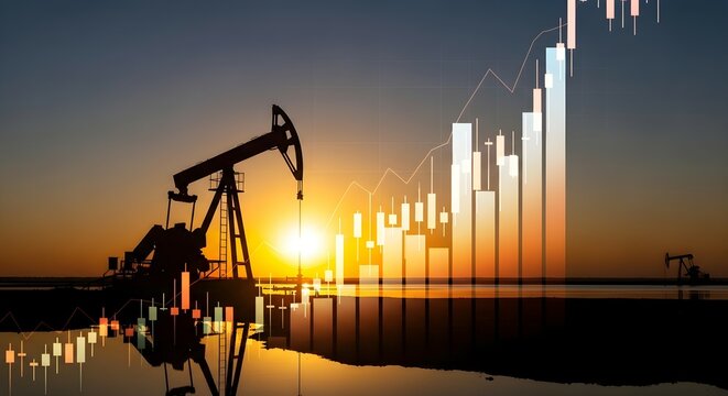 Silhouette of oil pumpjack on a shore against sunrise and digital stock market chart. Investment graph for energy industry.