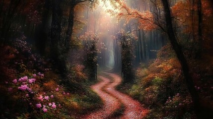 Obraz premium A magical forest scene with sunbeams filtering through dense trees, illuminating a winding path covered in fallen leaves and vibrant flowers. High quality photo