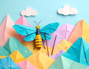 A handcrafted origami papper explorer buterfly with a rolled map and walking stick, crawling across pastel terrain shaped like abstract origami rocks