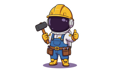 Happy Astronaut Construction Worker Cartoonfeaturing an astronaut wearing a yellow hard hat and blue overalls, holding a hammer and giving a positive thumbs-up gesture.