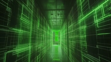 Obraz premium Futuristic green corridor with glowing lines