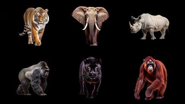Wild animals collection illustration animation isolated asset set, transparent 4K video, alpha channel, ProRes 4444