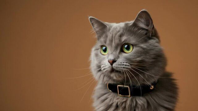 Grey Cat Wearing Black Collar, Profile View - A fluffy grey cat with bright green eyes wears a black velvet collar with gold hardware.
