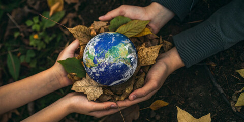 World Environment Day. Hand that holds the world surrounded by leaves in the concept of global environmental conservation with care for nature and the environment