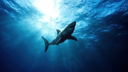 A powerful shark gliding through crystal-clear ocean waters, symbolizes strength and beauty in marine life while captivating the viewer with its grace and mystery in the deep blue sea.
