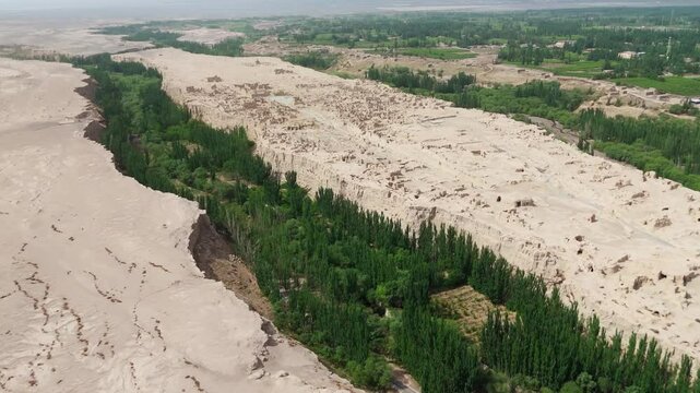 Aerial drone fly at Chinese plateau landscape, Turpan Jiaohe Ruins, natural environment of China