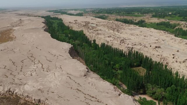 Aerial drone landscape of Chinese Plateau, Turpan Jiaohe Ruins, famous natural travel destination
