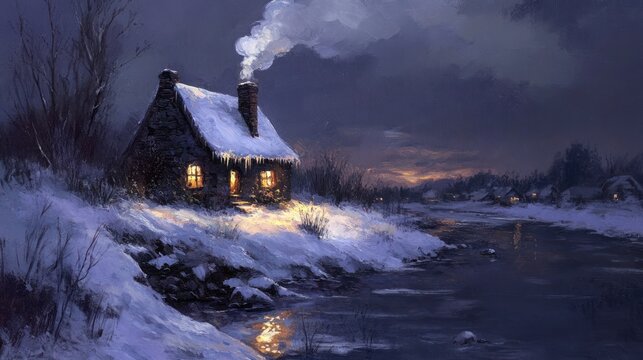 Snowy cabin by a frozen river at dusk