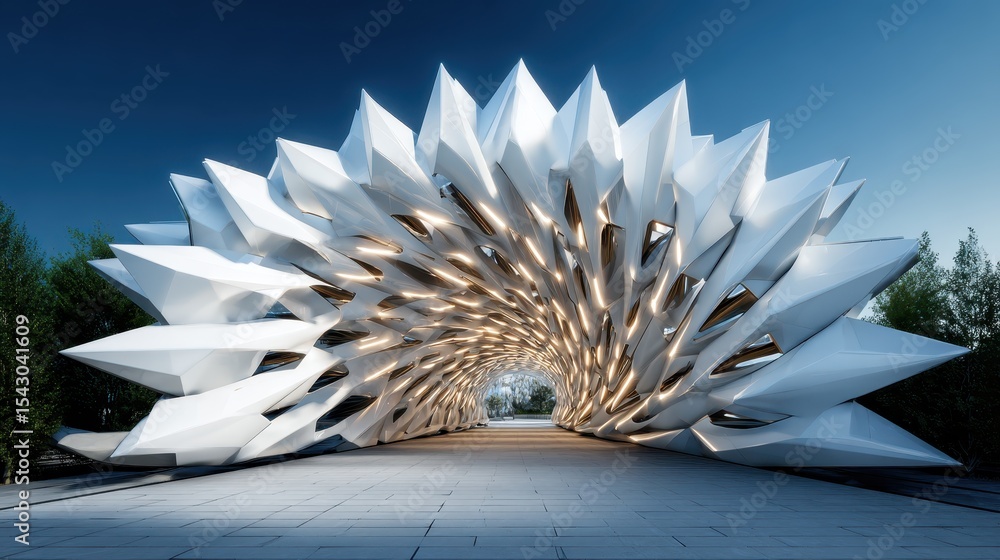 Poster an innovative architectural structure featuring a dynamic and sharp design, resembling a wave of spi