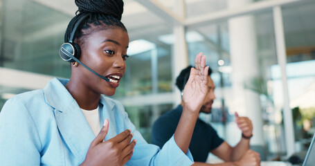 Call center, explain or black woman with advice for communication, consulting or loan help....
