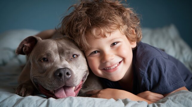 A heartwarming image of a child and a dog lying closely together, radiating joy and companionship in a cozy setting, highlighting the beautiful bond between pets and children.