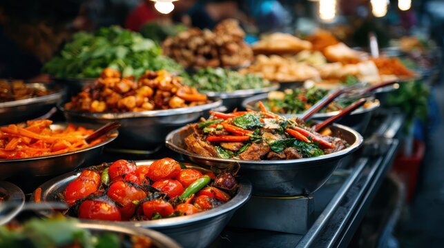 A colorful assortment of delicious and vibrant food dishes displayed in a bustling street market, highlighting the richness of culinary diversity and flavors available.